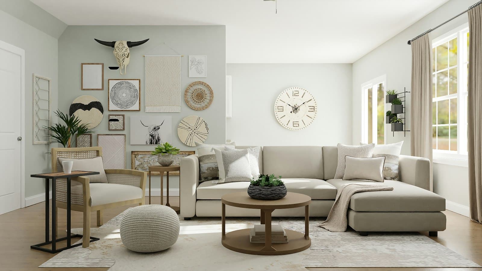 Bright living room with a sofa and a television area